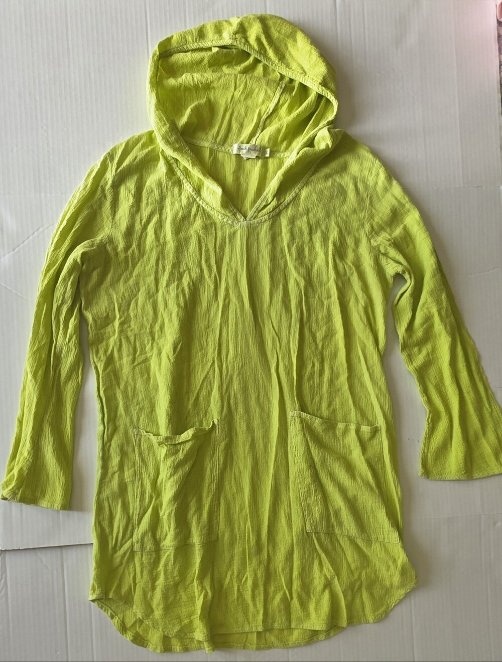 Fresh Produce Lime green Cotton Tunic Shirt Hooded Long Sleeve Lagenlook Coastal - Picture 2 of 7